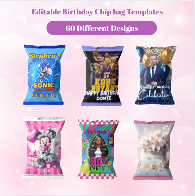 60 Editable Birthday Chip Bag Templates – Instant Download | Canva Templates