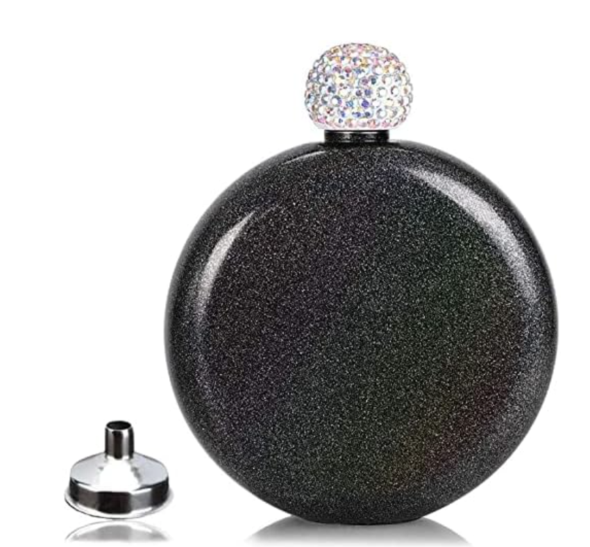 Custom Glitter Flask with Personalized Label – 5 oz Bling Liquor Flask for Her