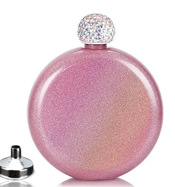 Custom Glitter Flask with Personalized Label – 5 oz Bling Liquor Flask for Her